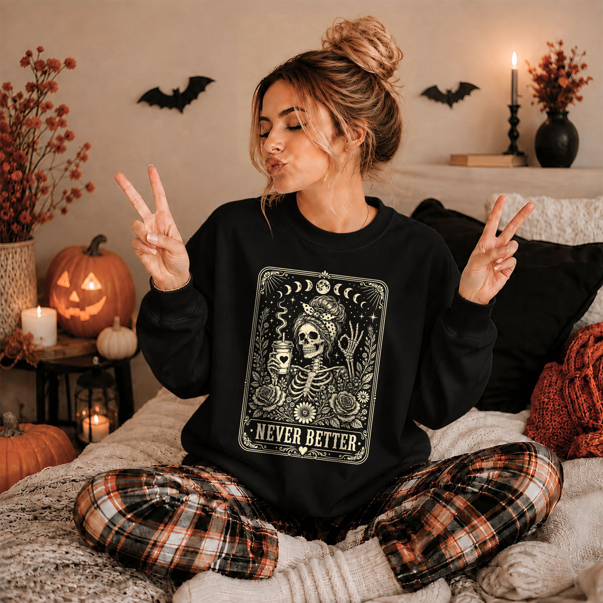 Funny Skeleton Coffee Halloween Sweatshirt, Never Better Graphic, Halloween Gift