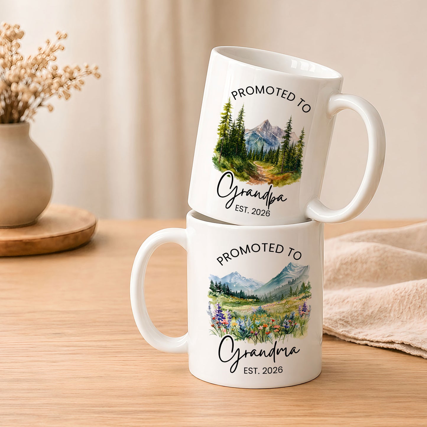 Personalized Promoted to Grandma Grandpa Mug Set – Matching Couple Coffee Mugs Est 2026, New Grandparents Gift