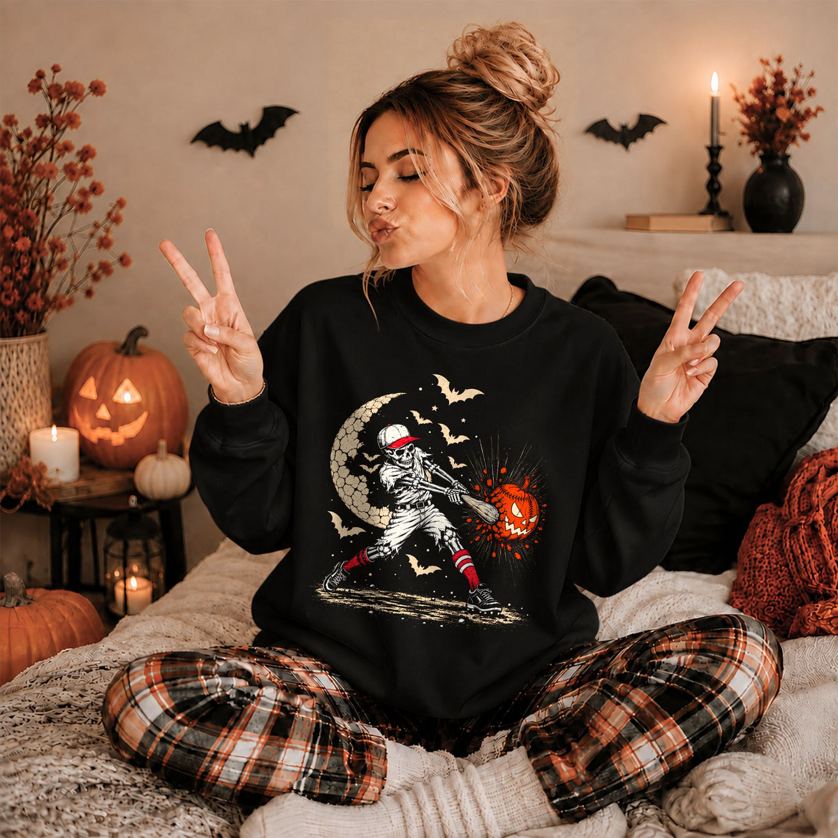 Baseball Skeleton Graphic Halloween Sweatshirt, Spooky Baseball Player Shirt, Funny Halloween Gift