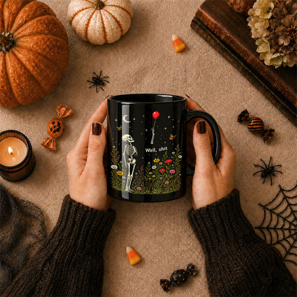 Skeleton Holding Red Balloon Halloween Mug, Funny Spooky Coffee Mug, Halloween Gift