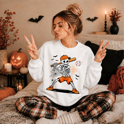 Baseball Skeleton Graphic Halloween Sweatshirt, Spooky Baseball Player Shirt, Funny Halloween Gift