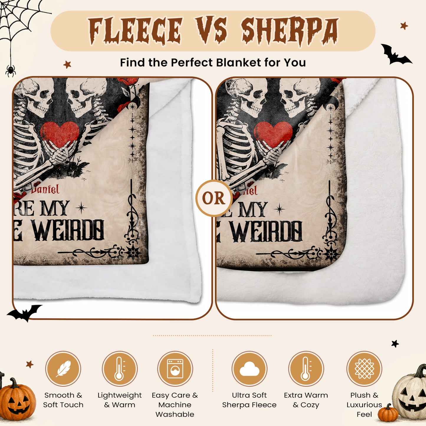 Skeleton Couple Blanket, Gothic Halloween Gift for Couples, Weird Love Design, Personalized Fleece Blanket & Sherpa Blanket