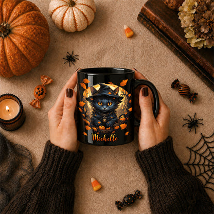 Personalized Halloween Cat Mug, Cute Black Cat Witch Hat Pumpkin Mug, Custom Name Fall Coffee Cup, Halloween Gift for Cat Lovers