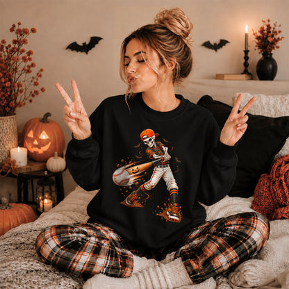 Baseball Skeleton Graphic Halloween Sweatshirt, Spooky Baseball Player Shirt, Funny Halloween Gift
