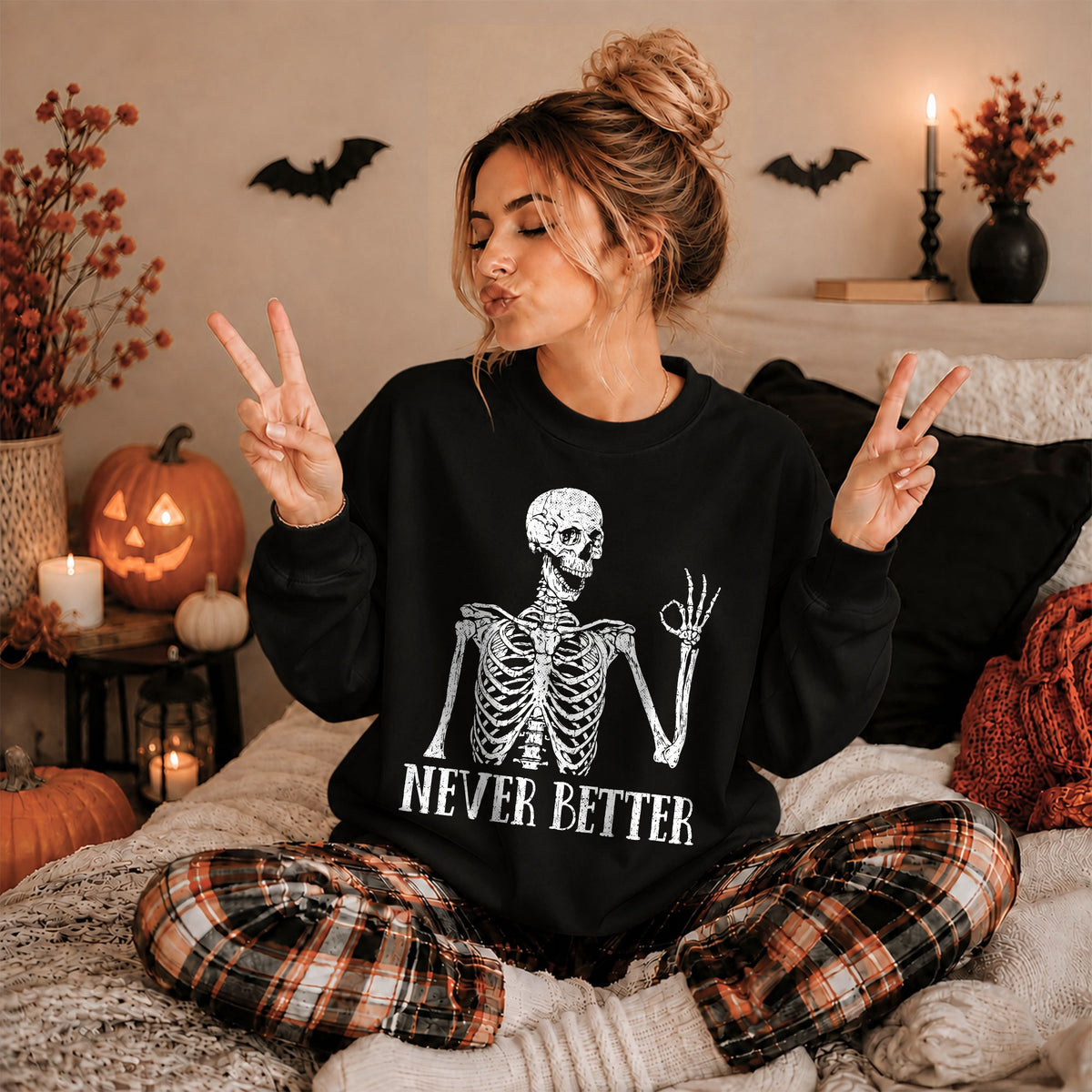 Funny Skeleton Coffee Halloween Sweatshirt, Never Better Graphic, Halloween Gift