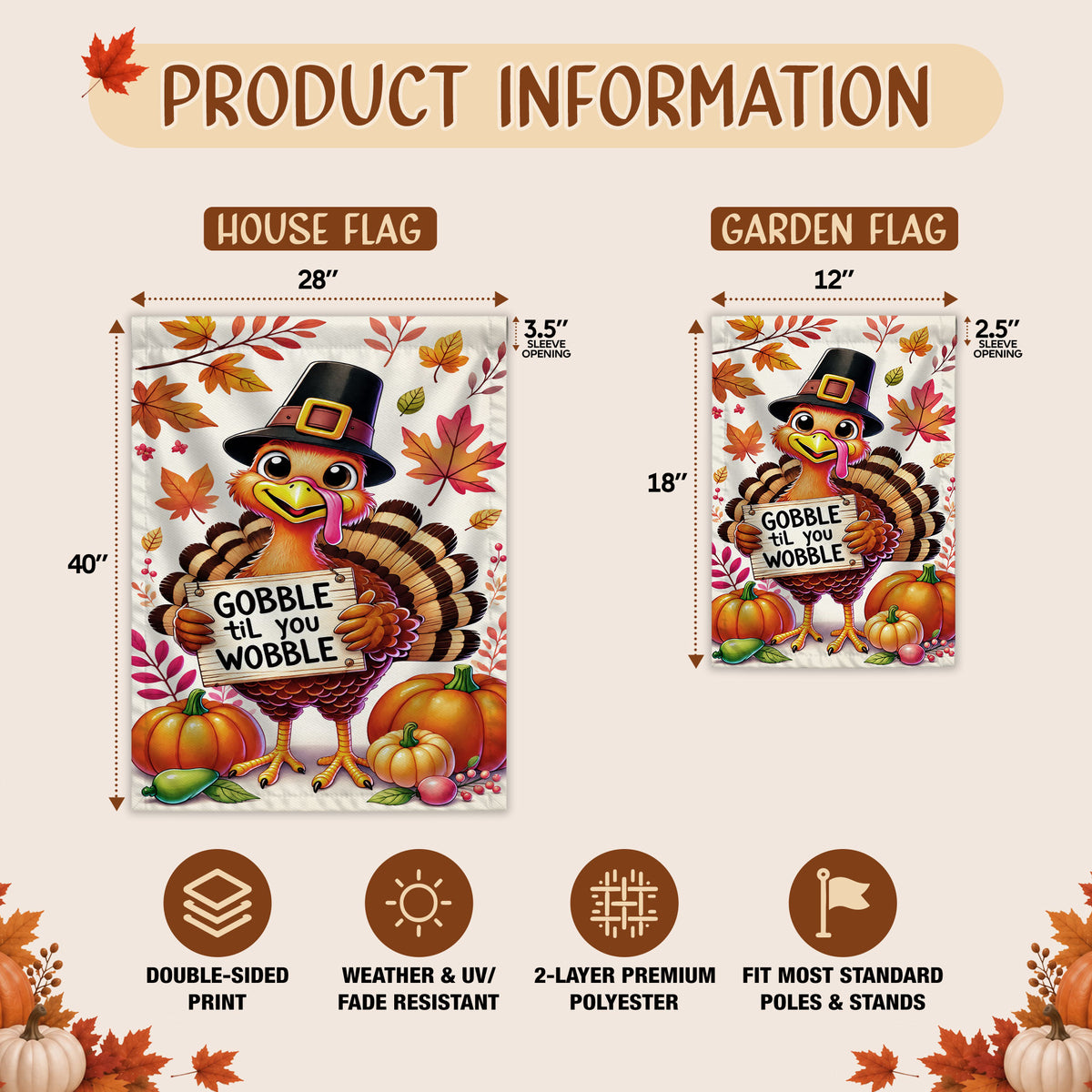 Thanksgiving Garden Flag Turkey GOBBLE WOBBLE Chestnuts Pumpkin Family Home Decor Gift For Family
