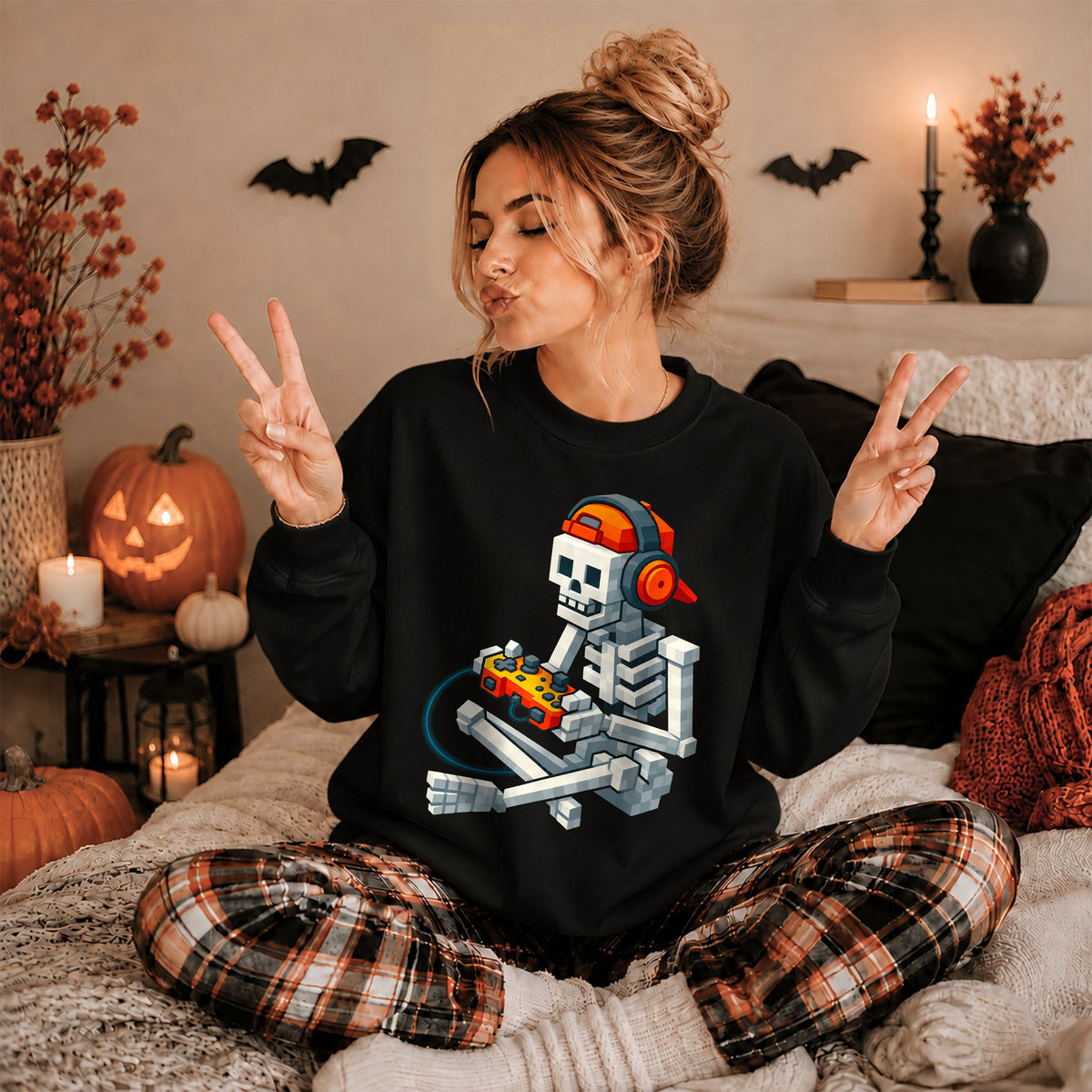 Skeleton Gamer Halloween Sweatshirt, Boys Pumpkin Gaming Shirt, Funny Halloween Gift