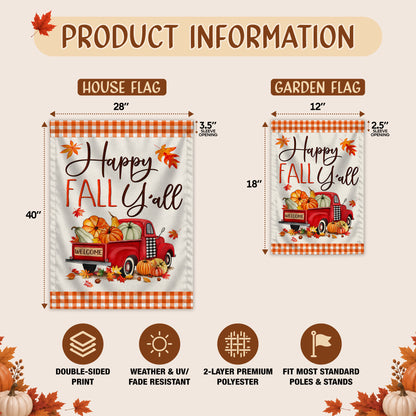 Hello Fall Garden Flag, Welcome Truck Happy Fall Ya'll Floral Pumpkin Outdoor Decor Gift For Family