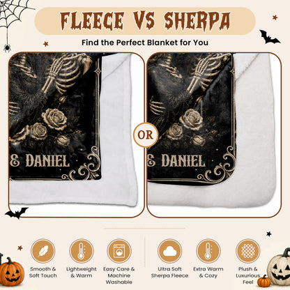 Personalized Skeleton Couple Fleece & Sherpa Blanket, Gothic Blanket with Roses, Halloween Gift for Couples