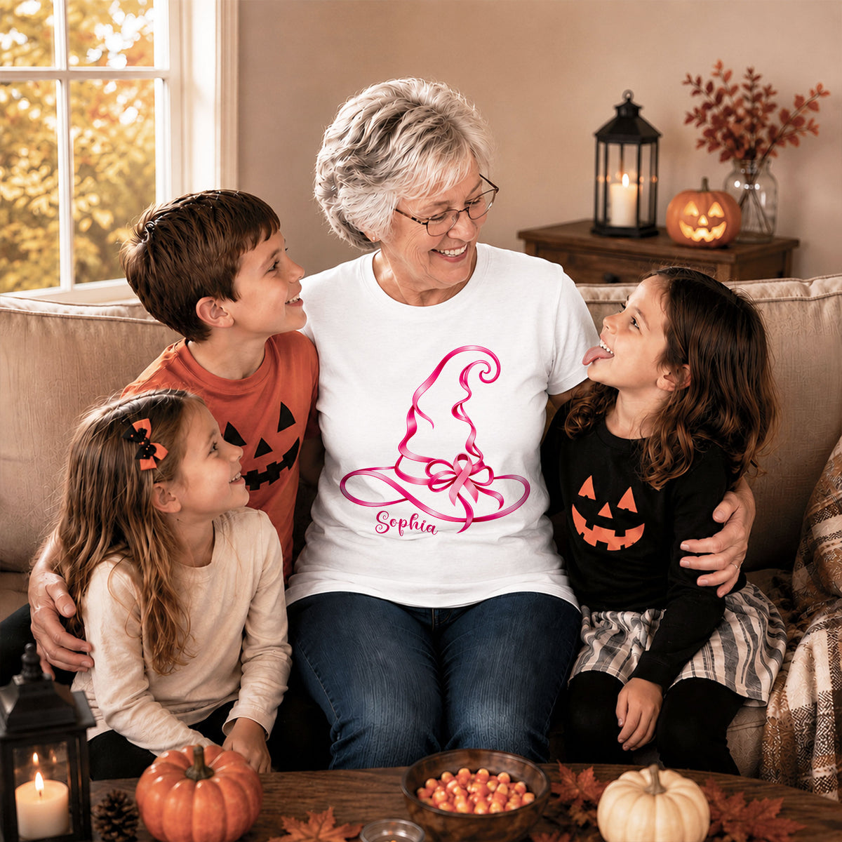 Personalized Halloween Breast Cancer Awareness T-Shirt & Sweater for Women, Pink Ribbon Witch Hat Design, Custom Name Family Matching Tee