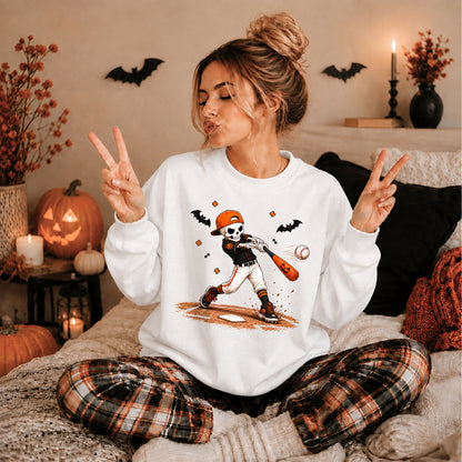 Baseball Skeleton Graphic Halloween Sweatshirt, Spooky Baseball Player Shirt, Funny Halloween Gift