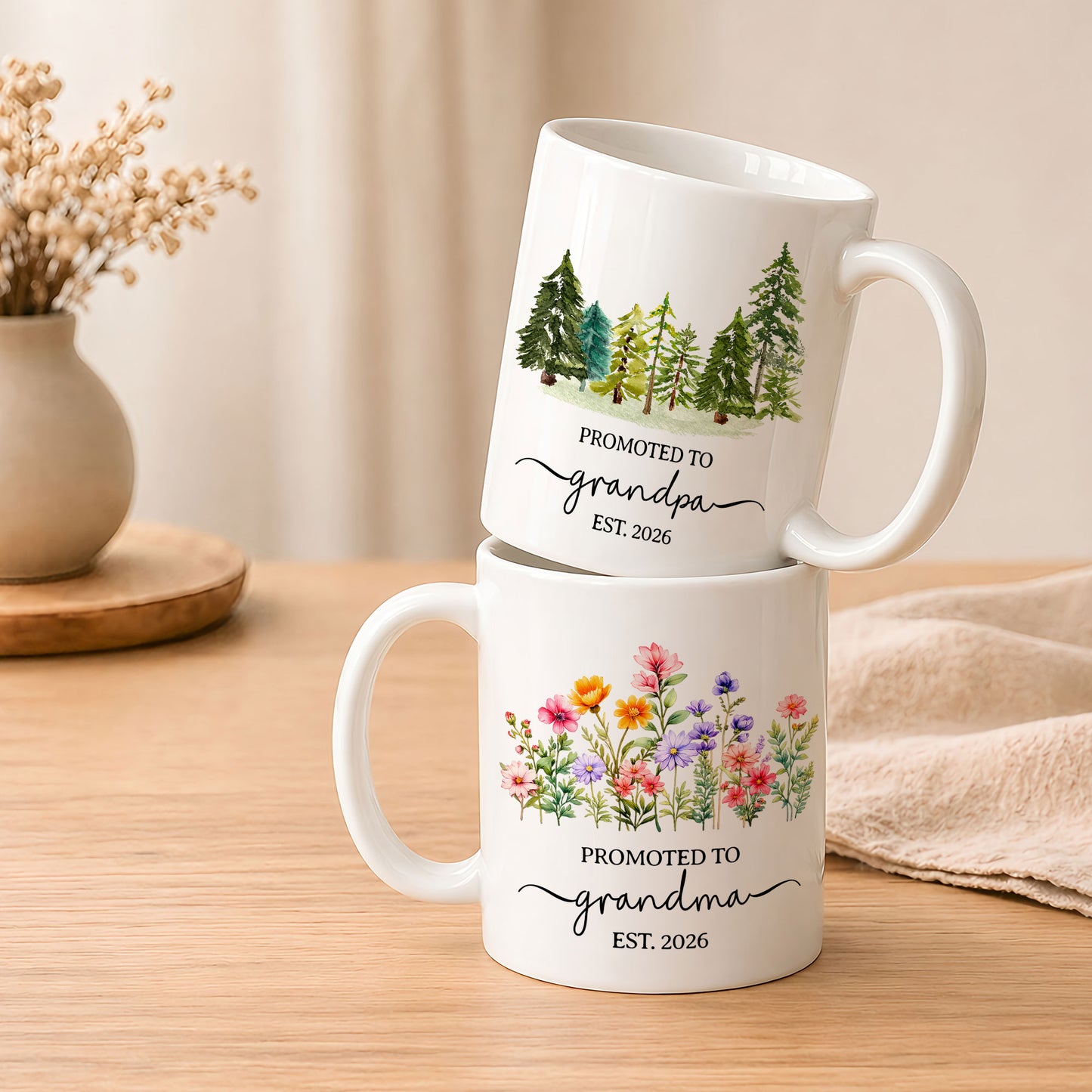 Personalized Promoted to Grandma Grandpa Mug Set – Matching Couple Coffee Mugs Est 2026, New Grandparents Gift