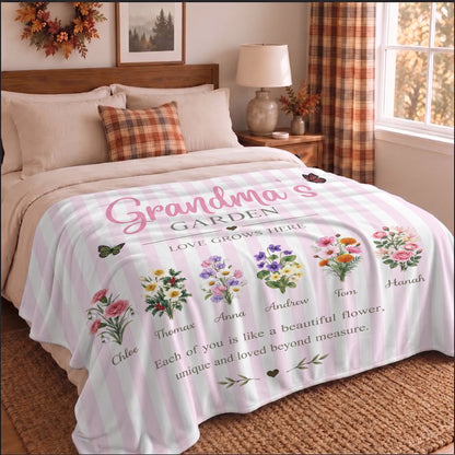 Personalized Grandma Thanksgiving Fleece & Sherpa Blanket, Family Garden Floral Custom Name Gift for Grandma