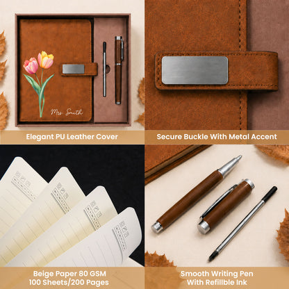 Personalized Leather Notebook Set with Custom Name, Floral Journal Gift Set with Pen for Women, Teacher, Student, Office