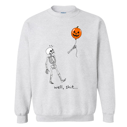Skeleton Holding Red Balloon Graphic T-Shirt, Funny Halloween Inspired Skeleton Shirt, Spooky Season Casual Tee