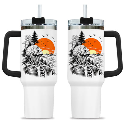 Anatomical Skeleton Sunset Tumbler 40oz with Handle and Straw, Vintage Mountain Gothic Gift for Men Women