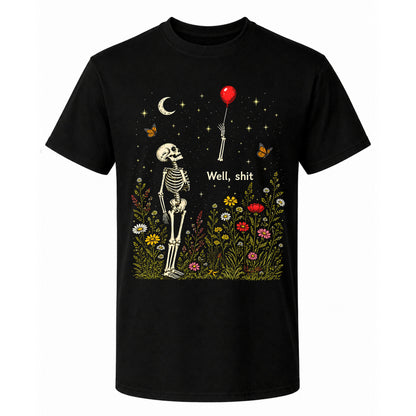 Skeleton Holding Red Balloon Graphic T-Shirt, Funny Halloween Inspired Skeleton Shirt, Spooky Season Casual Tee
