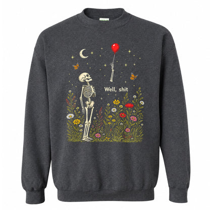 Skeleton Holding Red Balloon Graphic T-Shirt, Funny Halloween Inspired Skeleton Shirt, Spooky Season Casual Tee
