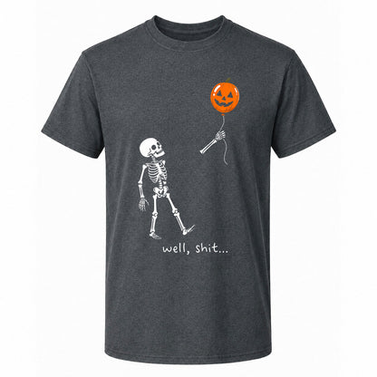 Skeleton Holding Red Balloon Graphic T-Shirt, Funny Halloween Inspired Skeleton Shirt, Spooky Season Casual Tee