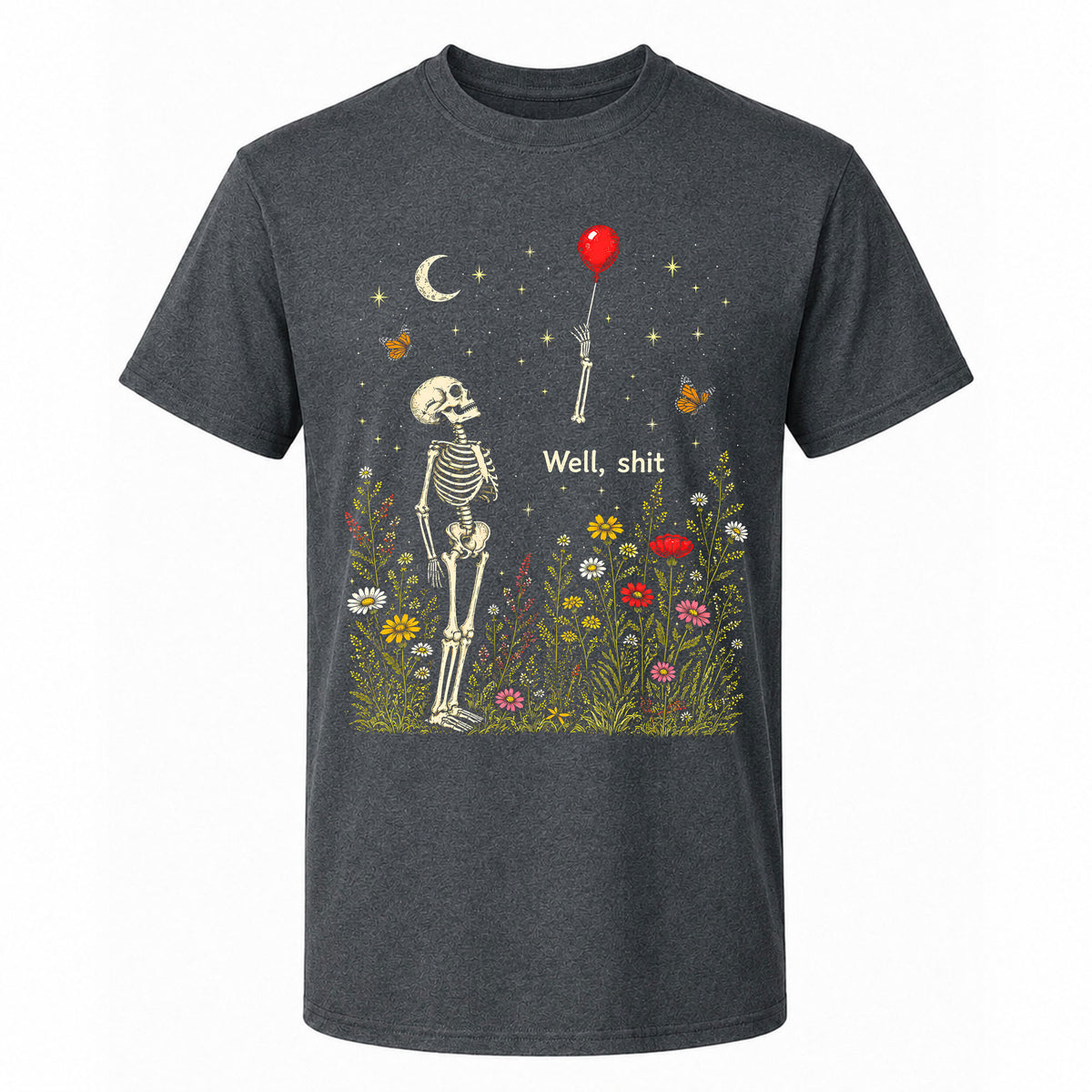Skeleton Holding Red Balloon Graphic T-Shirt, Funny Halloween Inspired Skeleton Shirt, Spooky Season Casual Tee