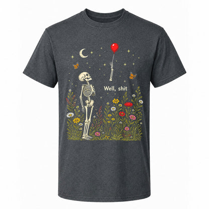 Skeleton Holding Red Balloon Graphic T-Shirt, Funny Halloween Inspired Skeleton Shirt, Spooky Season Casual Tee