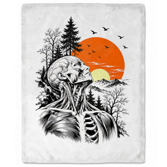 Anatomical Skeleton Blanket, Vintage Sunset Mountain Fleece & Sherpa  Blanket, Gothic Nature Gift for Men Women