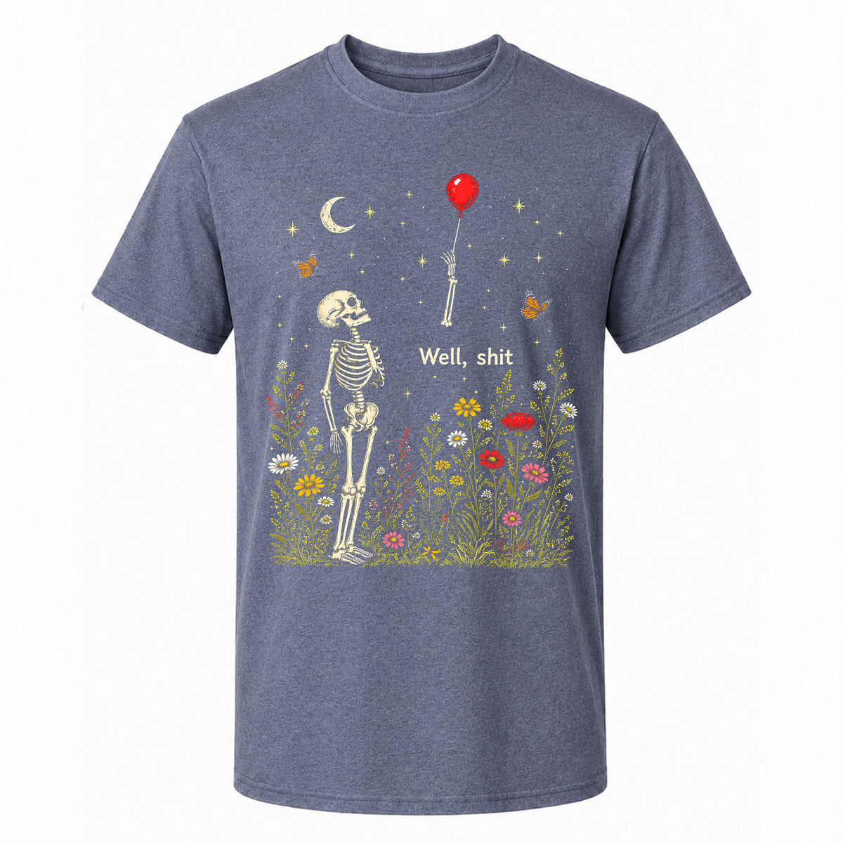 Skeleton Holding Red Balloon Graphic T-Shirt, Funny Halloween Inspired Skeleton Shirt, Spooky Season Casual Tee