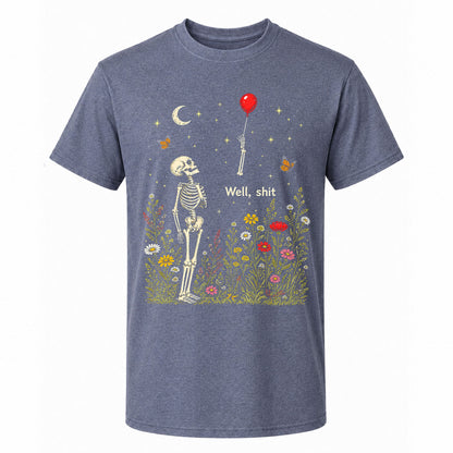 Skeleton Holding Red Balloon Graphic T-Shirt, Funny Halloween Inspired Skeleton Shirt, Spooky Season Casual Tee