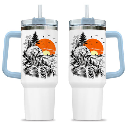 Anatomical Skeleton Sunset Tumbler 40oz with Handle and Straw, Vintage Mountain Gothic Gift for Men Women