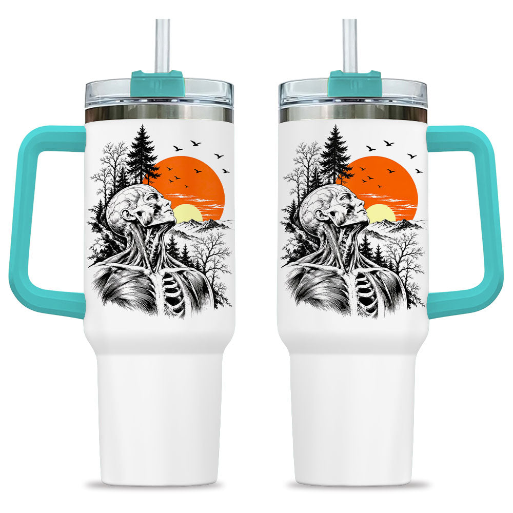 Anatomical Skeleton Sunset Tumbler 40oz with Handle and Straw, Vintage Mountain Gothic Gift for Men Women