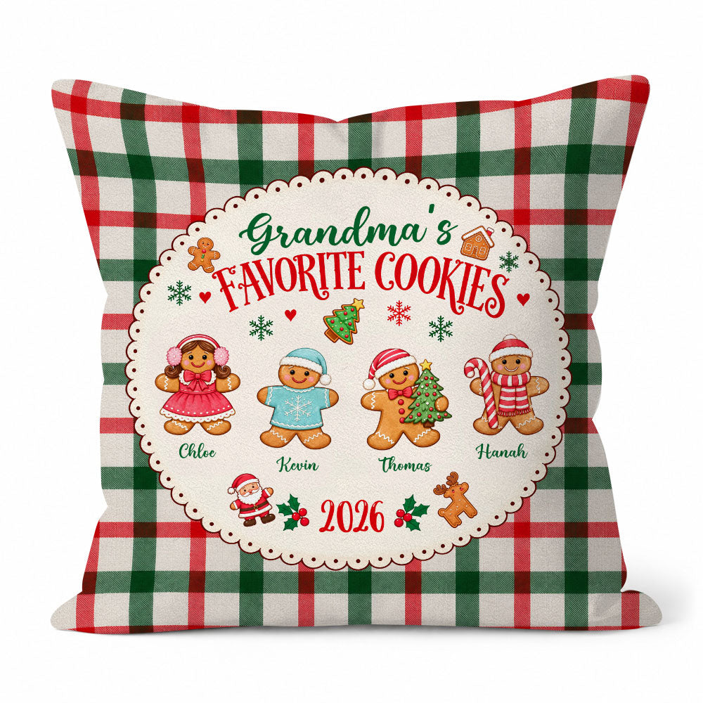 Personalized Grandma's Favorite Cookies Christmas Pillow, Custom Grandkids Names Gingerbread Gift for Grandma