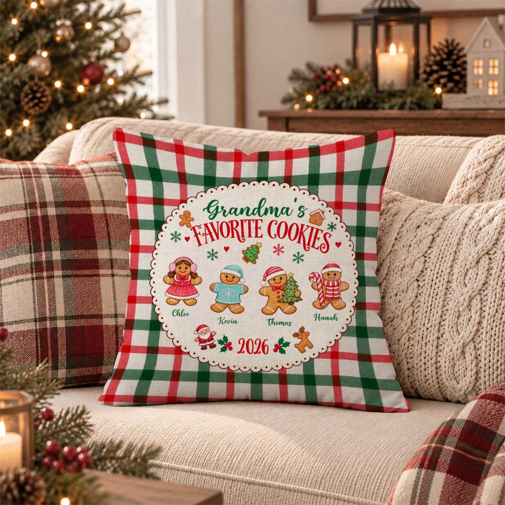 Personalized Grandma's Favorite Cookies Christmas Pillow, Custom Grandkids Names Gingerbread Gift for Grandma