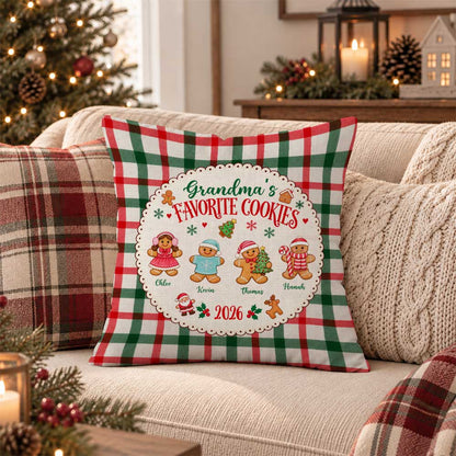 Personalized Grandma's Favorite Cookies Christmas Pillow, Custom Grandkids Names Gingerbread Gift for Grandma