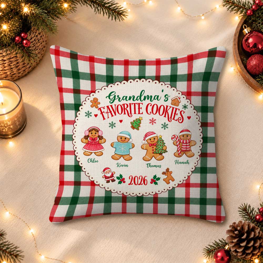 Personalized Grandma's Favorite Cookies Christmas Pillow, Custom Grandkids Names Gingerbread Gift for Grandma