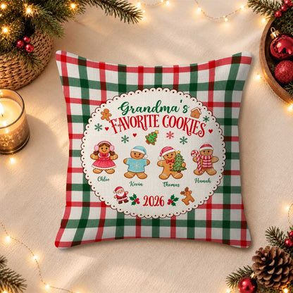 Personalized Grandma's Favorite Cookies Christmas Pillow, Custom Grandkids Names Gingerbread Gift for Grandma