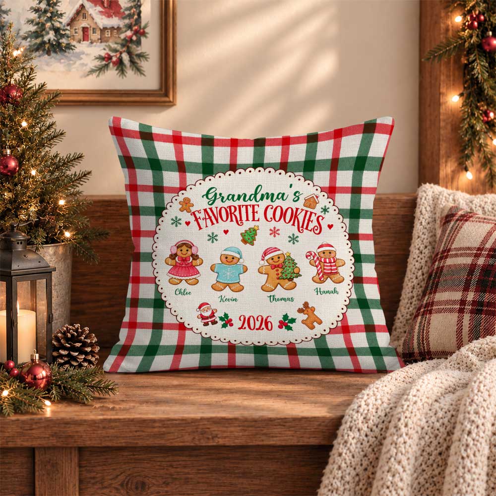 Personalized Grandma's Favorite Cookies Christmas Pillow, Custom Grandkids Names Gingerbread Gift for Grandma