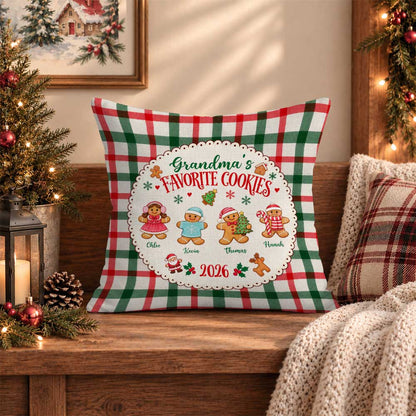 Personalized Grandma's Favorite Cookies Christmas Pillow, Custom Grandkids Names Gingerbread Gift for Grandma
