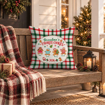 Personalized Grandma's Favorite Cookies Christmas Pillow, Custom Grandkids Names Gingerbread Gift for Grandma