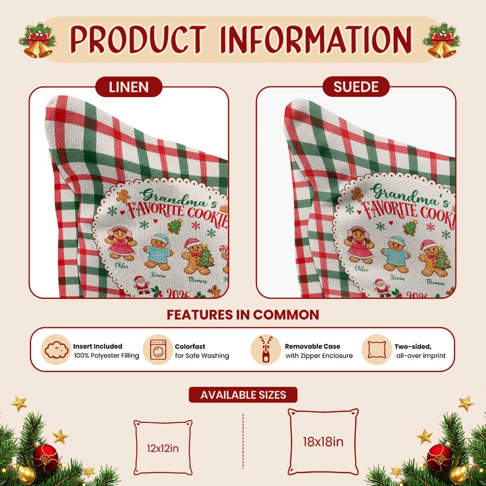 Personalized Grandma's Favorite Cookies Christmas Pillow, Custom Grandkids Names Gingerbread Gift for Grandma