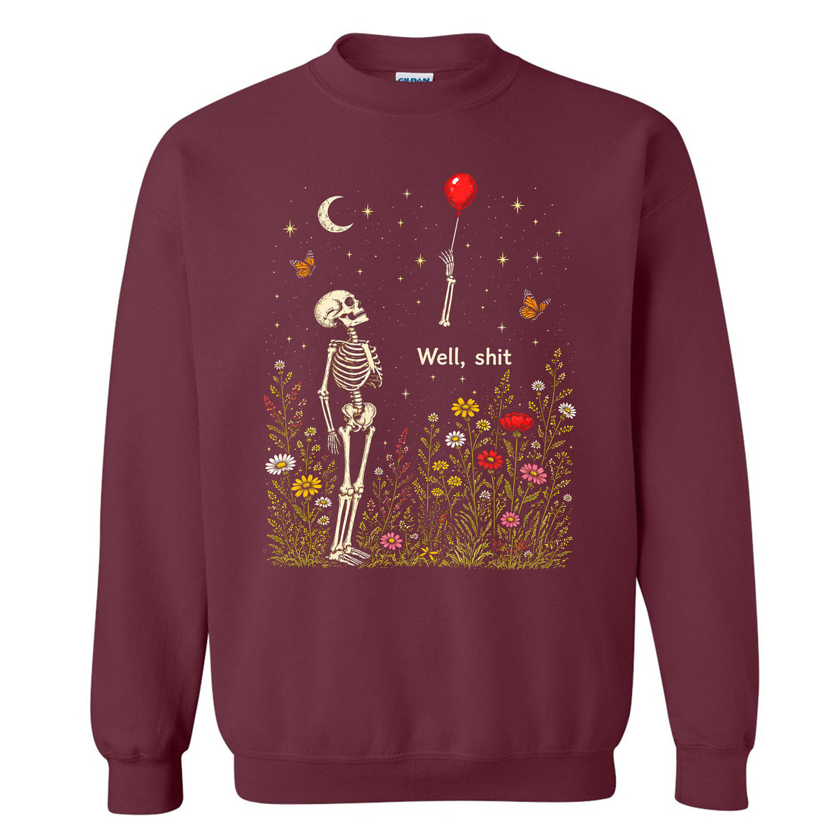 Skeleton Holding Red Balloon Graphic T-Shirt, Funny Halloween Inspired Skeleton Shirt, Spooky Season Casual Tee
