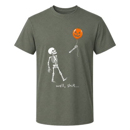 Skeleton Holding Red Balloon Graphic T-Shirt, Funny Halloween Inspired Skeleton Shirt, Spooky Season Casual Tee