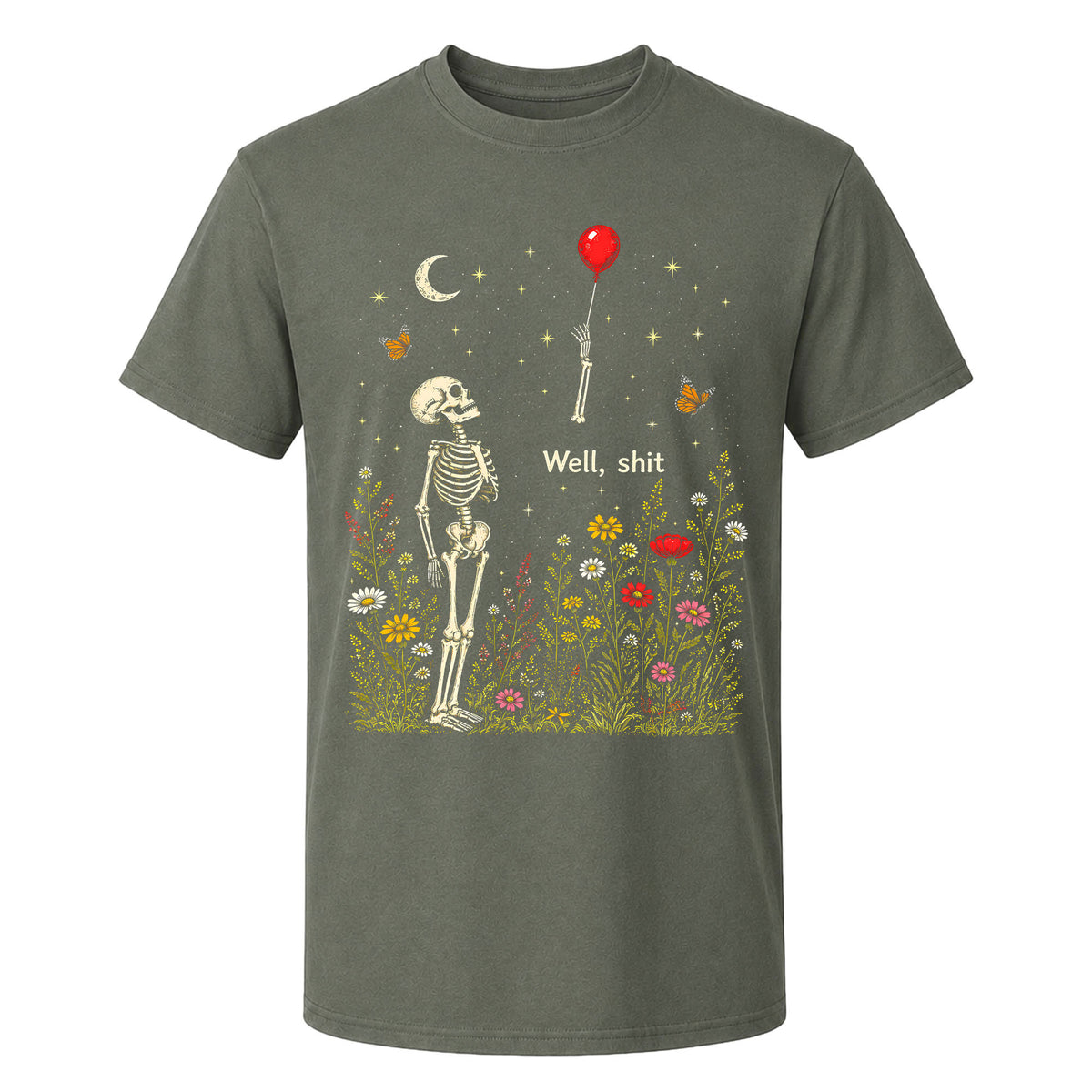 Skeleton Holding Red Balloon Graphic T-Shirt, Funny Halloween Inspired Skeleton Shirt, Spooky Season Casual Tee