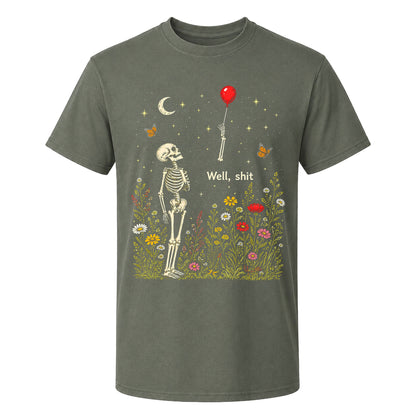 Skeleton Holding Red Balloon Graphic T-Shirt, Funny Halloween Inspired Skeleton Shirt, Spooky Season Casual Tee