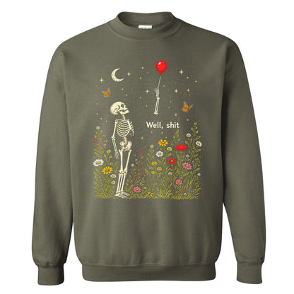 Skeleton Holding Red Balloon Graphic T-Shirt, Funny Halloween Inspired Skeleton Shirt, Spooky Season Casual Tee