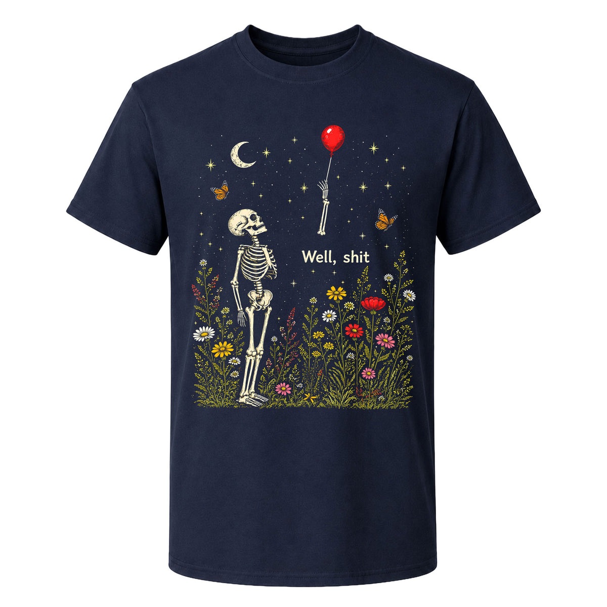 Skeleton Holding Red Balloon Graphic T-Shirt, Funny Halloween Inspired Skeleton Shirt, Spooky Season Casual Tee