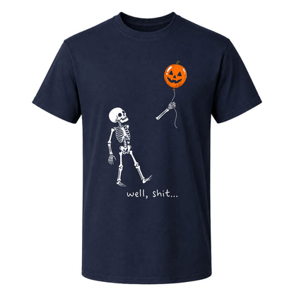 Skeleton Holding Red Balloon Graphic T-Shirt, Funny Halloween Inspired Skeleton Shirt, Spooky Season Casual Tee