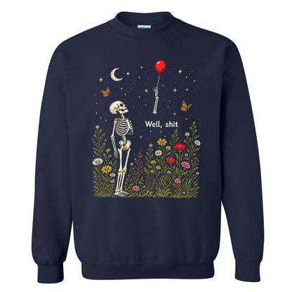 Skeleton Holding Red Balloon Graphic T-Shirt, Funny Halloween Inspired Skeleton Shirt, Spooky Season Casual Tee