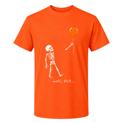 Skeleton Holding Red Balloon Graphic T-Shirt, Funny Halloween Inspired Skeleton Shirt, Spooky Season Casual Tee