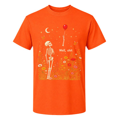 Skeleton Holding Red Balloon Graphic T-Shirt, Funny Halloween Inspired Skeleton Shirt, Spooky Season Casual Tee