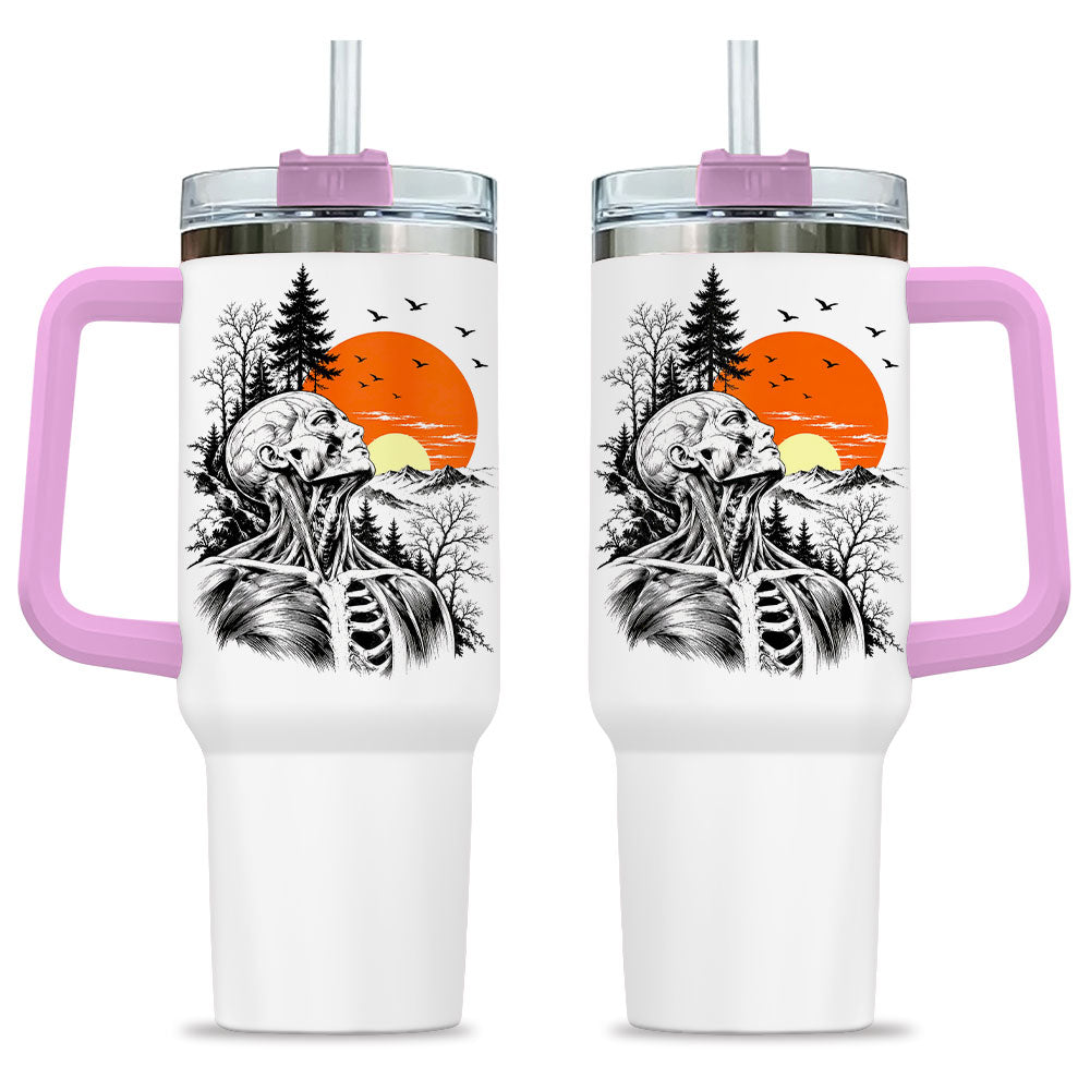 Anatomical Skeleton Sunset Tumbler 40oz with Handle and Straw, Vintage Mountain Gothic Gift for Men Women
